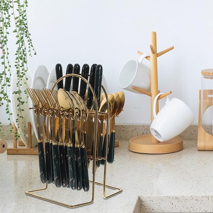 UPKOCH 1set Ceramic Handle Stainless Steel Cutlery Set Forks Spoons Kit with Hanging Stand Ergonomic Design for Home Dining Dishwasher Safe Elegant Finish