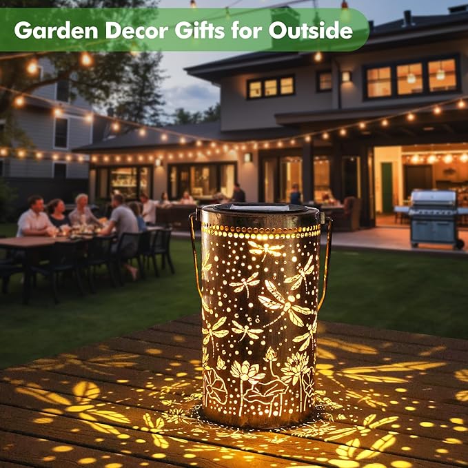 Fabuday Dragonfly Lotus Outdoor Solar Lantern Waterproof 2 Pack - Hanging Solar Power Lights Led for Outside Garden Decor for Patio Porch Balcony Yard and Deck Gardening Decoration Gift for Women