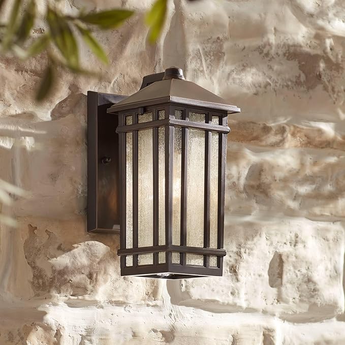 Kathy Ireland Sierra Craftsman Art Deco Outdoor Wall Light Fixture Rubbed Bronze Metal 10 1/2 Frosted Seeded Glass Panels for Exterior House Porch Patio Outside Deck Garage Yard Front Door