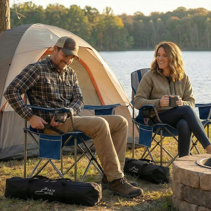 FAIR WIND Heavy Duty Camping Chair Oversized Padded Folding Chair for Big and Tall (450lbs) Extra Wide Seat with Integrated Cooler &amp Storage Pocket Adjustable Lumbar Support for Outdoor