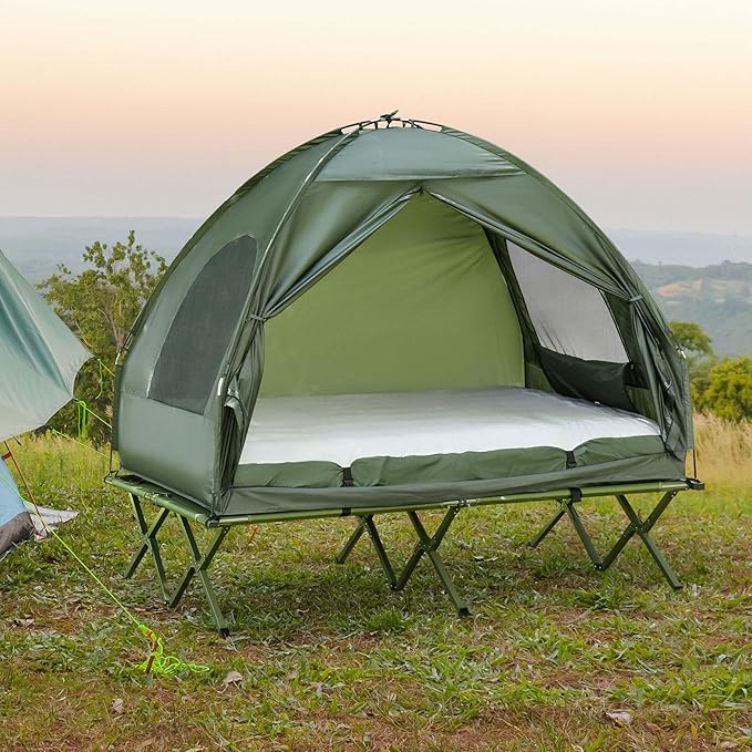 2 Person Camping Cot with Tent &amp Air Mattress 4-in-1 Portable Foldable Elevated Bed for Adults Outdoor Hiking Backpacking Includes Pump &amp Bedspread 76 x 57 Dark Green (76x57)