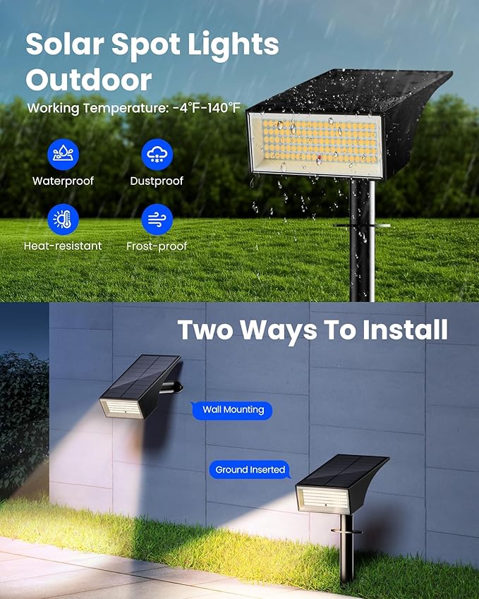 Koicaxy Solar Lights Outdoor Waterproof 12 Pack IP65 100 LEDs 4 Light Modes Higher Charging Efficiency Auto On/Off Solar Landscape Spotlights for Garden Decor Yard Pathway Patio - Warm White