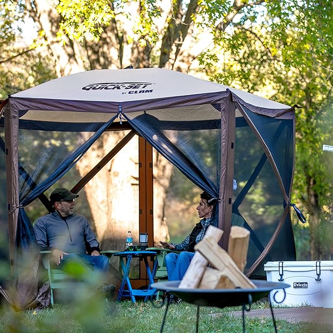 CLAM Pop Up Screen Tent Outdoor Camping Gazebo Canopy Adventure with Wind Panels 9' x 9' Brown