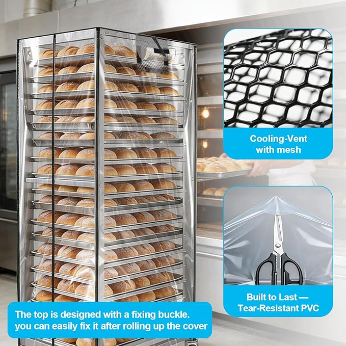 Bun Pan Sheet Rack CoverBread Speed Rack Cover with ZipperCommercial Bakery Racks 23x28x61Clear PVC Waterproof Dustproof Bread rack Cover with Breathable Mesh Vent (20-Tier TPU)