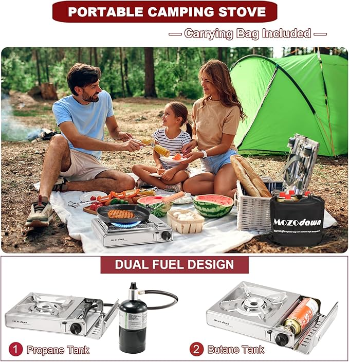 Dual Fuel Camp Stove with Butane and Propane Compatibility 10500 BTU Portable Camping Stove with Carrying Case Storage Bag Adapter Hose Wind Guard Outdoor Camping Essentials