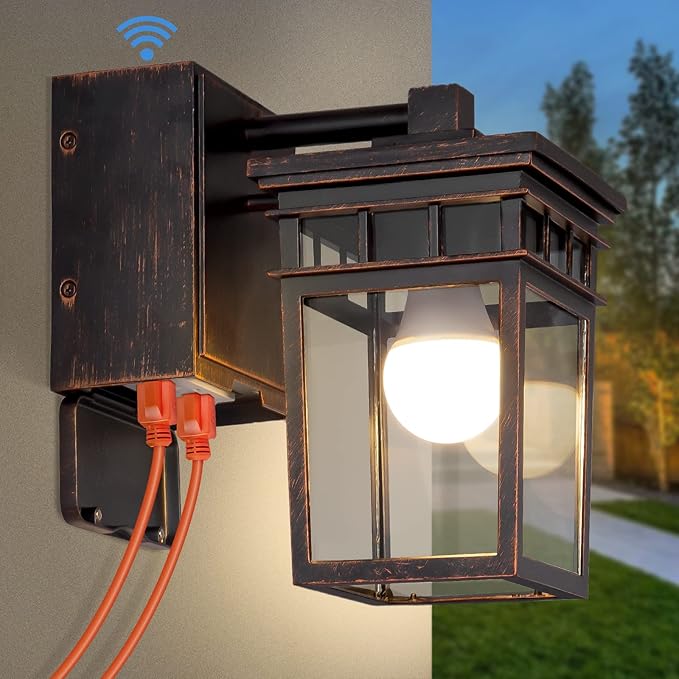Dusk to Dawn Outdoor Wall Lighting with OutletPorch Light with GFCI Outlet Built inAnti-Rust Alunmium Wall Lantern with Clear Glass ShadeOutdoor Light for House Garage Bulb Included(Brown)