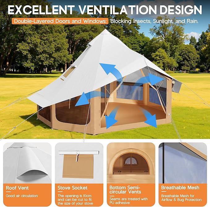 SPECRAFT Canvas Bell Yurt Tents &amp Inflatable Tent for Camping Waterproof Glamping Tent with Stove Jack Breathable Mesh Snowproofing Spacious 4-Season Family Shelter for Outdoor Camping Partie