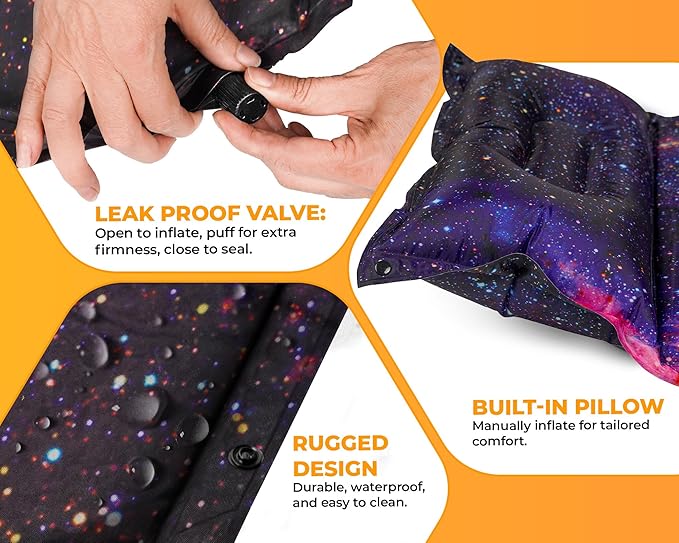 Foxelli Self Inflating Sleeping Pad for Camping Backpacking Hiking Insulated Foam Lightweight Camping Mat Inflatable Camp Mattress with Pillow