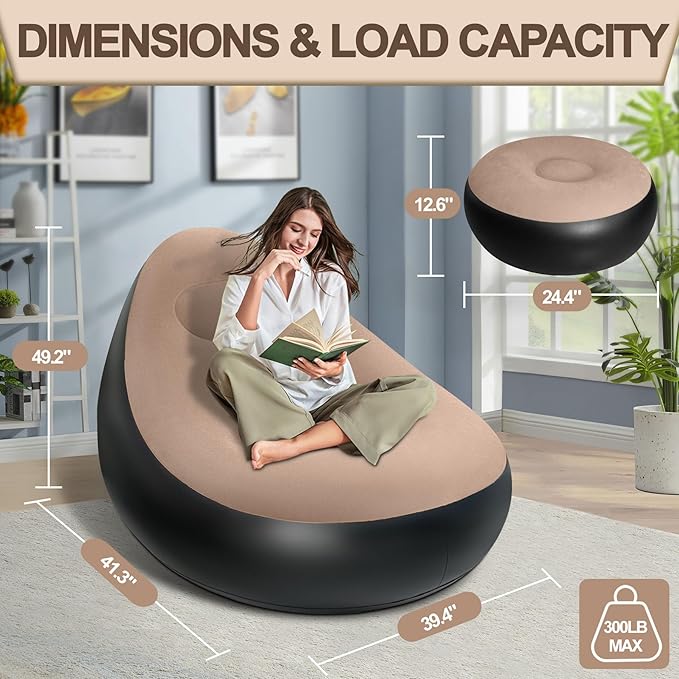 Inflatable Chair with Ottoman Inflatable Couch for Adults with Flocked Surface Comfortable Blow Up Air Chair Waterproof Portable Air Sofa Inflatable Couch for Camping(Brown) (Without Pump)