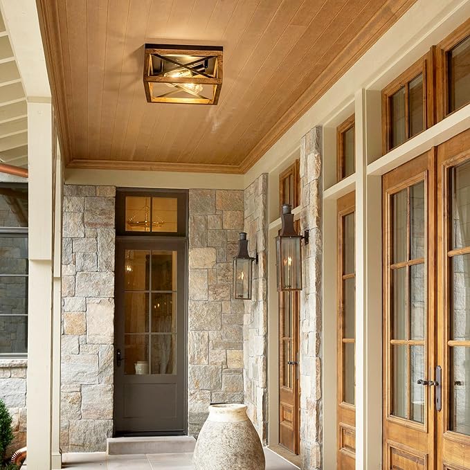 Flush Mount Ceiling Light Fixture for Kitchen Hallway 2-Light Close to Ceiling Light with Black Metal and Wood Design Rustic Farmhouse Ceiling (Bulb not Included)