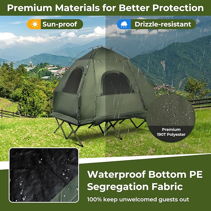 GYMAX Tent Cot 5-in-1 Folding Camping Cot with Mattress &amp Pillows Sleeping Bags Sunshade Camping Tent Elevated with Carrying Bag for Outdoor Hiking Fishing Picnic