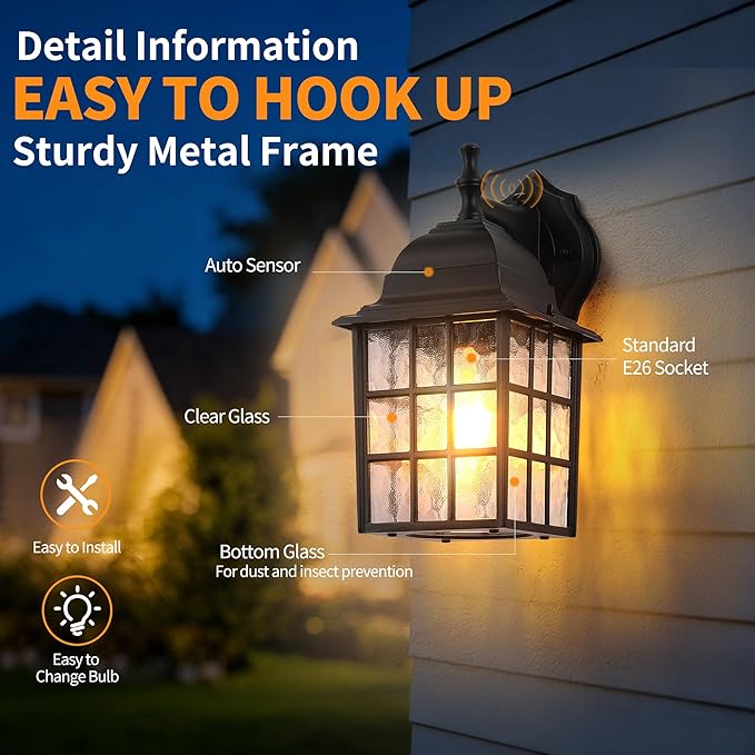 Dawn to Dusk Sensor Outdoor Wall Light Fixtures Waterproof Anti-Rust Exterior Lighting Fixtures Black Outdoor Wall Lantern for Porch Patio Front Door Garage House -2 Pack