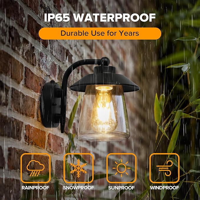 LUTEC 2 Pack Dusk to Dawn Outdoor Indoor Exterior Light Fixture Farmhouse Barn Wall Sconce Matte Black Finish Anti-Rust Wall Mount Light Waterproof Wall lamp with Clear Glass for Porch Patio