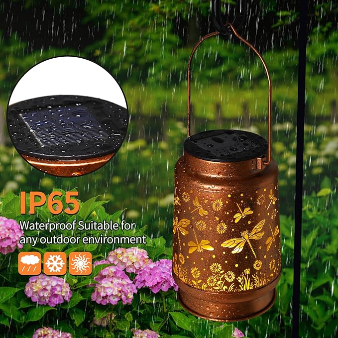 2 Pack Dragonfly Solar Lanterns Outdoor Waterproof Rose Garden Decor Gifts for Women Mom Grandma Hanging Solar Lights Metal Lantern Decoration Outside for YardPatioBackyardPorch