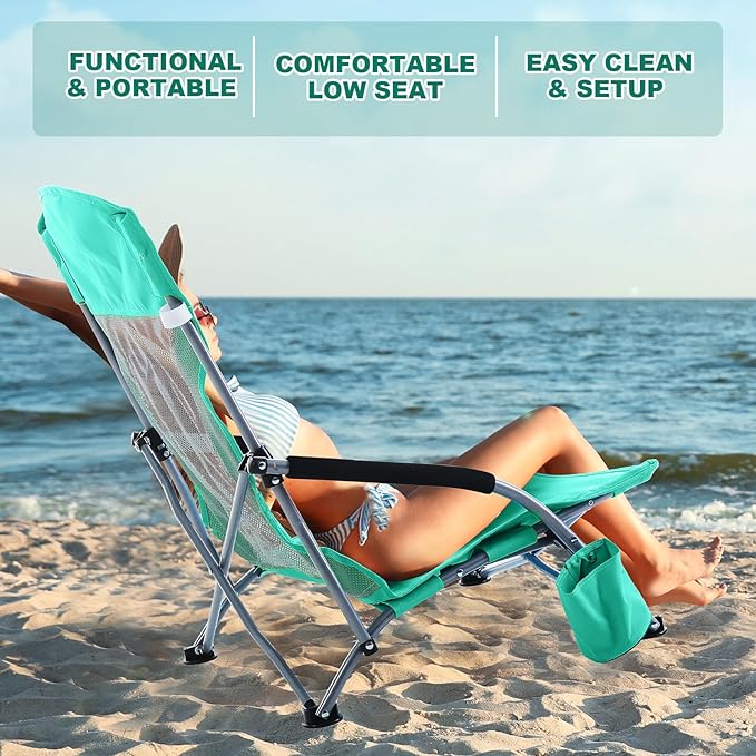 Huwena 2 Pack Beach Chair for Adult with 2 Umbrella Low Folding Chair Detachable Adjustable Lightweight with Armrests Cup Holder Carry Bag Portable for Sand Camping Travel Outdoor Pool (Green)