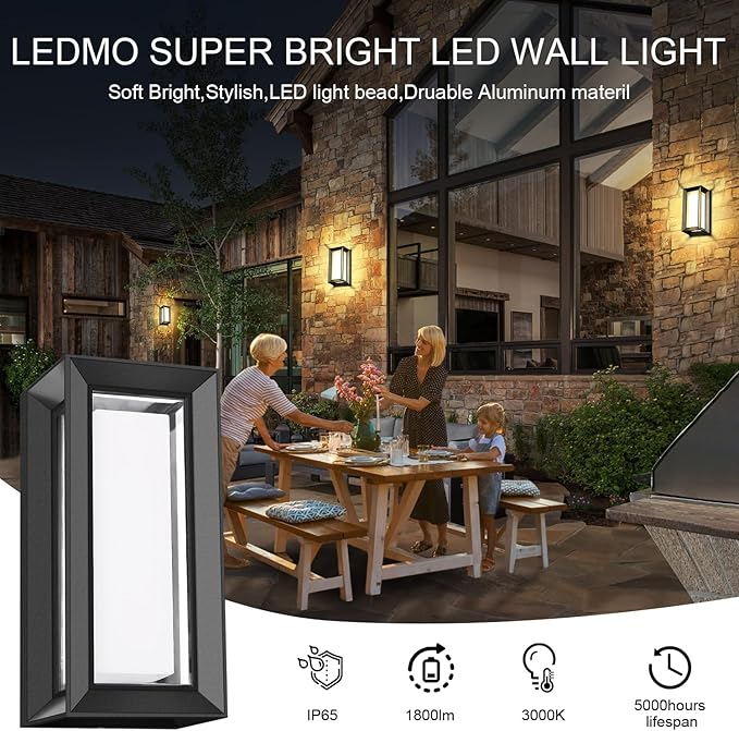 ledmo Outdoor Wall Light 1800Lm Modern Outdoor Porch Light 3000K Bright Lighting Black Exterior Lighting Fixture Waterproof Christmas Fixture for HousePatioGarageBackyardHallway（2 Pack