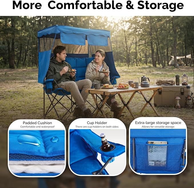 VINGLI Oversize Double Camping Chair with CanopyBeach Chair with Canopy Shade Portable Camping Loveseat with 2 Storage Bags for Outdoor Soccer Sport Events Beach or Camping
