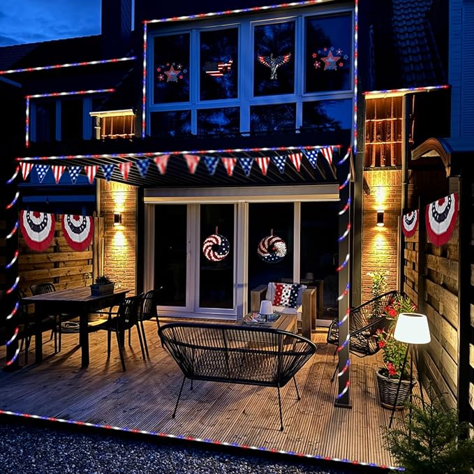 YEGUO Solar Christmas Light Outdoor Waterproof 66ft 200 LED Red White and Blue Rope Lights 8 Modes Tube String Lights in Clear Thin Tube
