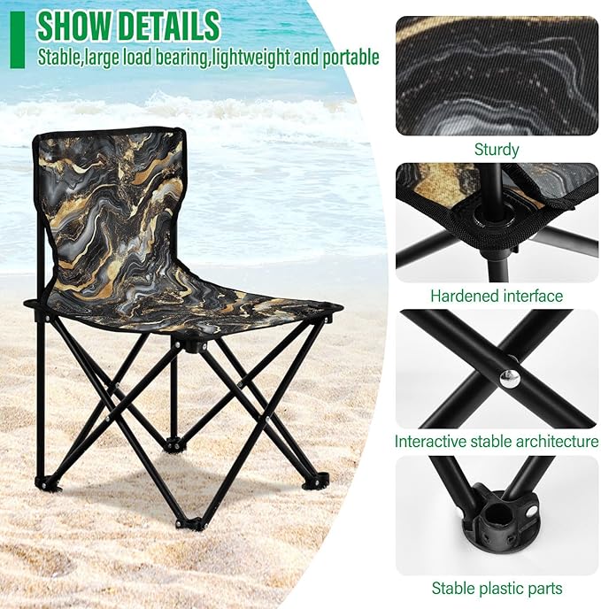 KLL Black Gold Marble Texture Compact Foldable Chair Lightweight Ultralight Camping Chair Carry Bag Included Outdoor Chairs for Hiking Outdoor