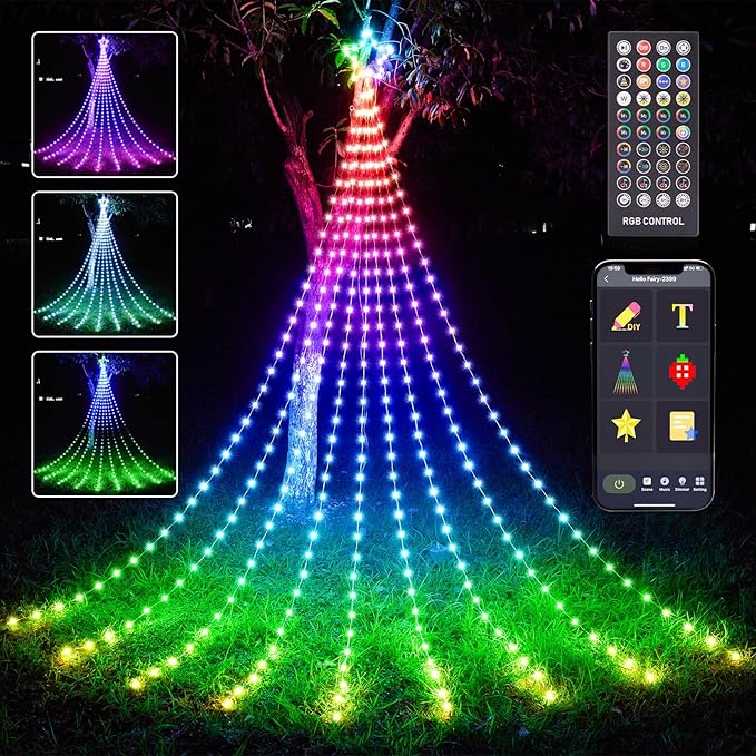 12FT Outdoor Christmas Decorations Smart RGB Color Changing Christmas Hanging Waterfall String Lights APP Remote Control DIY Multi-Color Lightshow Music Sync Outside Xmas Lights Decor