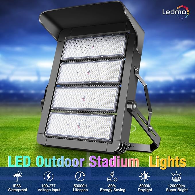 ledmo 1000W Dimmable Led High Mast Stadium Light Outdoor Ultra-Bright 120000LM Flood Lights 5000K 100-277V Commercial Arena Light Heavy-Duty IP66 Waterproof Big Area Lighting for Sport Court