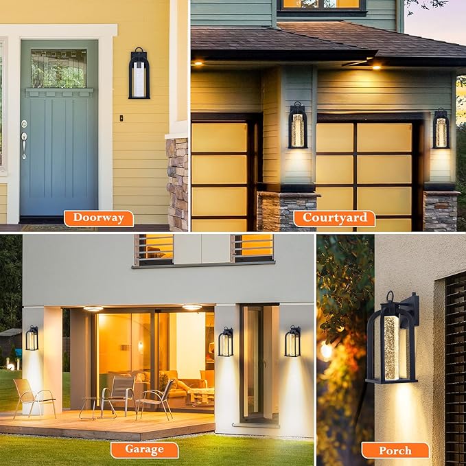 Dusk to Dawn LED Outdoor Wall Light 14 Black Wall Lantern with Crystal Bubble Glass Exterior Light Fixture with Photocell Sensor IP65 Waterproof Anti Rust Outdoor Lighting for House Garage Porch