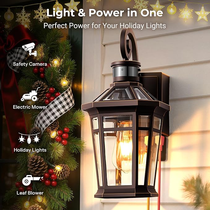 Motion Sensor Porch Light with GFCI Outlet Oil Rubbed Bronze Outdoor Light Fixture with Outlet Anti-Rust Exterior Wall Light Lantern Waterproof Outdoor Sconces Wall Lighting for Garage Home