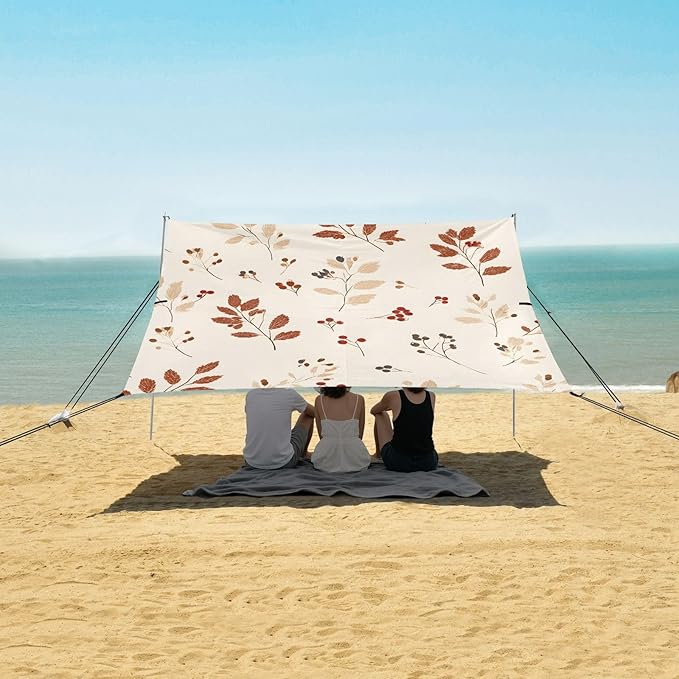 Bolaz Beach Canopy Tent Sun Shade9'×10.5' Large Family Beach Shade UPF50+- Outdoor Shade for Camping Trips FishingRetro Red Off-White Maple Leaf Pattern