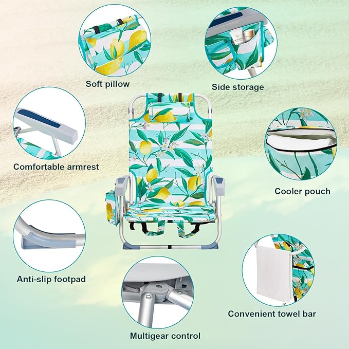 Low Beach Chairs for Adults 5-Position Reclining Backpack Beach Chair with Cooler &amp Storage Pouch Portable Lightweight Folding Beach Chair with Aluminum Frame &amp Cup Holder Supports 220lbs