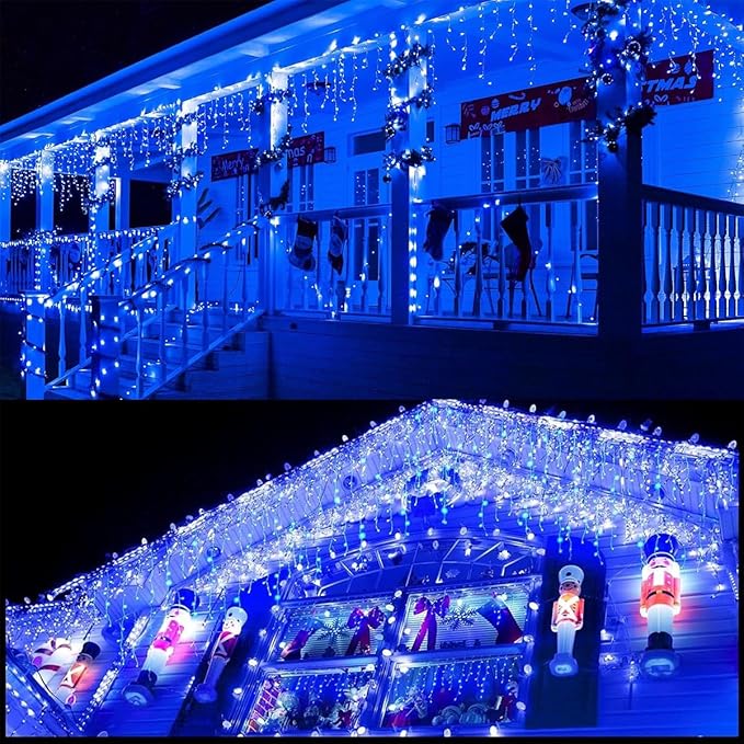 320LED Solar Christmas Lights Outdoor Waterproof Christmas Decorations Curtain Lights 29.5ft 60 Drops8 Modes Solar Powered Rechargeable Fairy Lights for Party HolidayWedding Decorations (Blue)