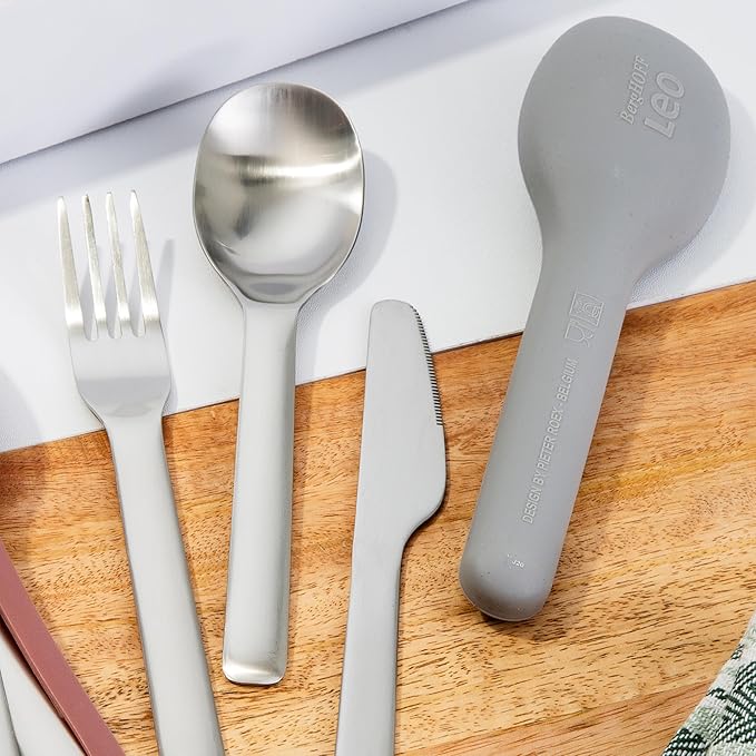 BergHOFF Leo 18/10 Stainless Steel 4Pc Reusable Travel Flatware Set Knife Spoon Fork Sleeve with Silicone Sleeve Dishwasher safe Grey