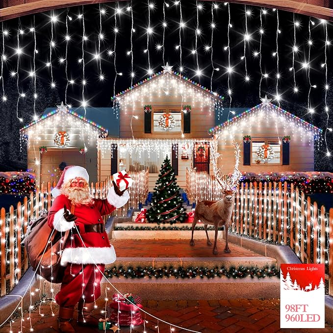 98FT 960 LED Christmas Lights Waterproof 8 Modes Ice Lights for Outside with Memory and Timer Hanging Fairy Lights Plug-in Curtain String Lights for Holiday Party Wedding Home (Cool White)