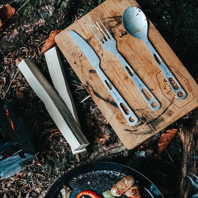 SILVERANT Titanium 3 Piece Cutlery Set Extra Strong Ultra-Lightweight Durable Knife Fork &amp Spoon Tableware for Outdoor Camping &amp Hiking Comes with Drawstring Bag &amp Titanium Carabiner