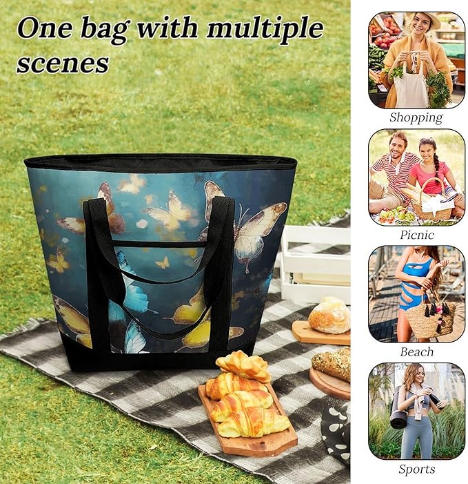 Insulated Shopping BagLarge Reusable Cooler Bags Butterflies Printed Foldable Shopping BagTravel Waterproof Shoulder Bag