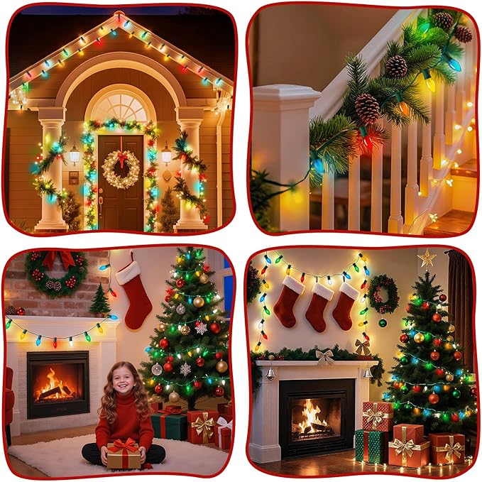 Minetom C9 Multicolor Christmas String Lights 25FT 25 Blubs Bright &amp Warm Outdoor Christmas Lights Long Life C9 String Lights for Tree Patio Gazebo Wreath Multicolor Green Wire