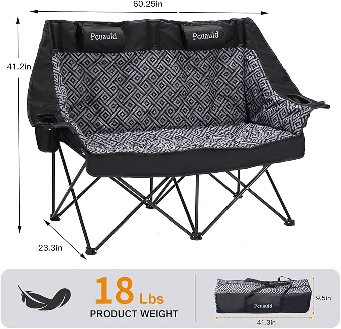 High Back Double Camping Chair Padded Folding Loveseat with Adjustable Pillows Heavy Duty 2 Person Camping Lawn Chairs for Adults with Cup Holders &amp Wine Racks for Outdoor Sports Beach Fishing