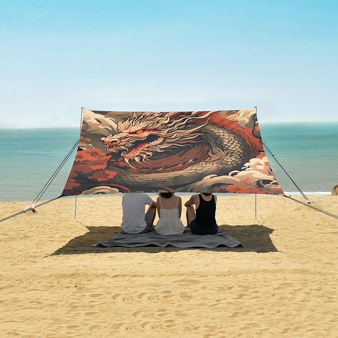 Vintage Fantasy Dragon Beach Tent Sun Shelter 9.2' x 10.5' Beach Canopy with 4 Sandbags 4 Stability Poles Sand Shovels - Tent Canopy for Beach Camping Fishing Picnics