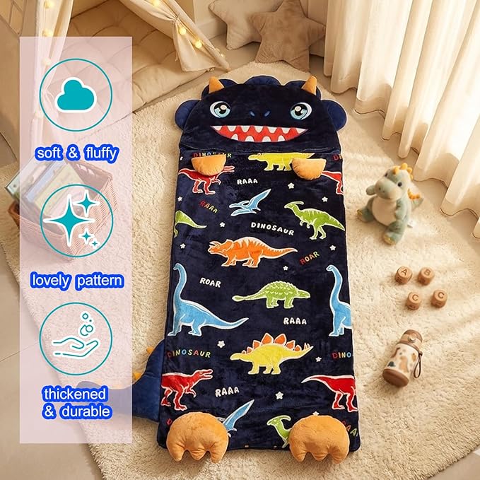 Kid Sleeping Bag with Pillow - Larger Nap Mat - Plush Slumber Bag for Boys Girls Daycare Preschool Kindergarten Birthday Gift Travel Sleepover Ages 3-12 Years