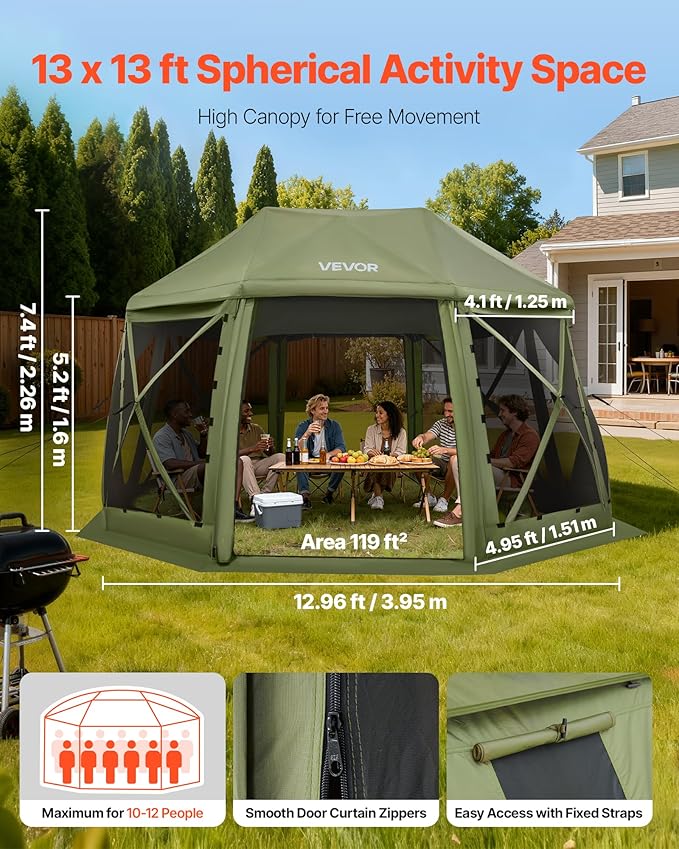 VEVOR Pop up Gazebo Screen Tent 13 x 13 ft 13-Sided Spherical Camping Canopy Tent with Removable Top &amp Carry Bag Quick-Set &amp Bite-Proof Screen House Sun Shelter for 10-12 Persons Green