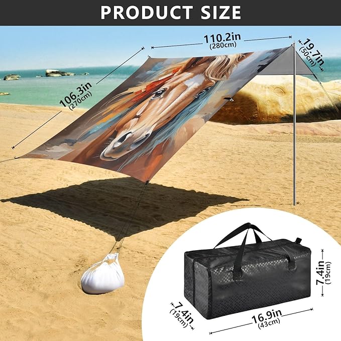 Oil Painting Horse Beach Tent Sun Shelter 9.2' x 10.5' Beach Canopy with 4 Sandbags 4 Stability Poles Sand Shovels - Tent Canopy for Beach Camping Fishing Picnics