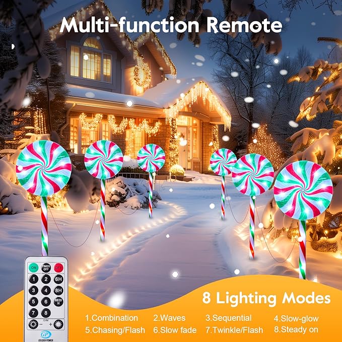 Brightown 6 Pack Lollipop Christmas Pathway Lights Outdoor - 27IN 120 LED Candy Cane Lights with 8 Lighting Modes Waterproof Christmas Light Outdoor Decoration for Lawn Yard Walkway White