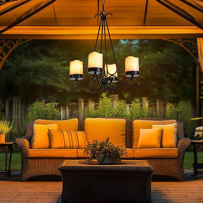 HOXIYA Battery Operated Outdoor Lights 4 Light Battery Powered Pendant Light Waterproof Wireless Hanging Chandelier Led Candle Light with Remote for Porch Patio Pergola Gazebo Canopy Tent Decor