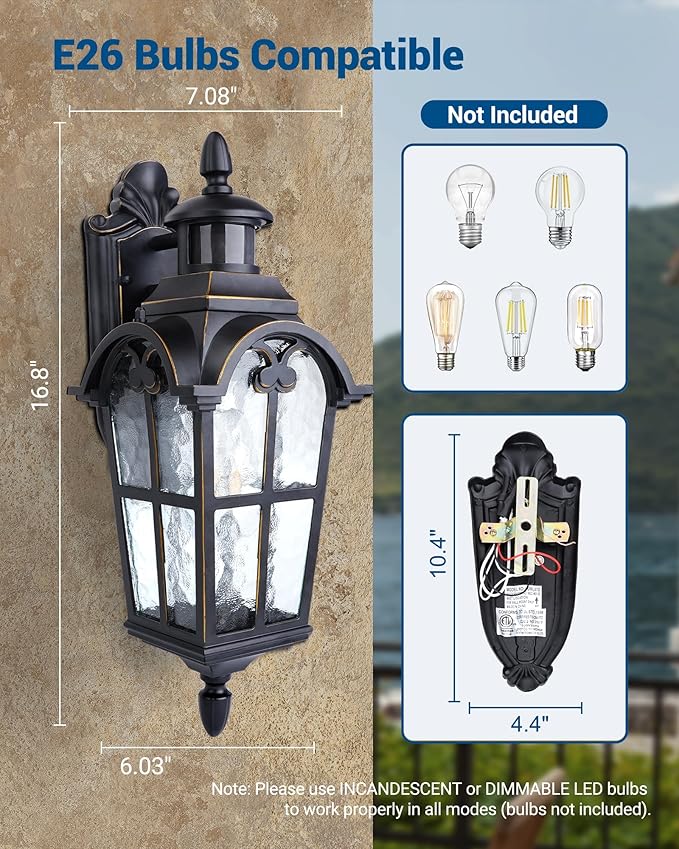 DEWENWILS Motion Sensor Outdoor Wall Lights Dusk to Dawn Exterior Light Fixture Wall Mount Outdoor Porch Light with Water Ripple Glass Wall Sconce Lantern for House Garage Patio