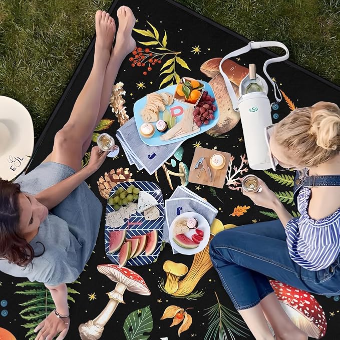 Mushroom Picnic Blankets Waterproof Foldable 80″X80″Thick Three Layer Picnic Mat Outdoor Blanket for Grass Large Beach Blanket Sandproof Picnic Accessories for Camping Party Park Patio