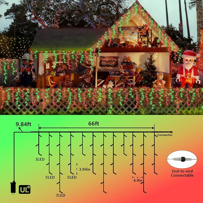 YEGUO 66ft 800 LED Red and Green Icicle Lights Outdoor Waterproof 160 Drops Icicle String Lights Connectable 8 Modes Icicle Christmas Lights with Memory Timer