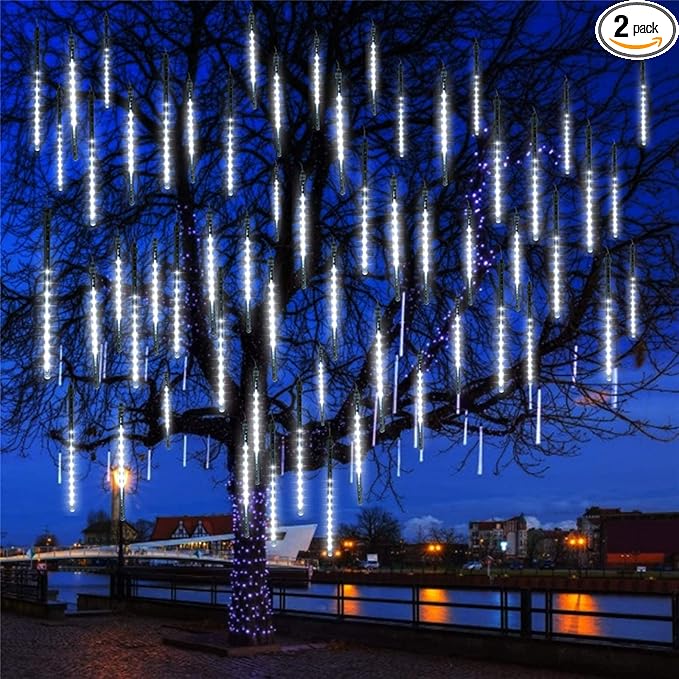 QITONG Meteor Shower Rain Lights Outdoor Falling Rain Snowfall Light 12 inch 8 Tubes 192 LED Cascading Lights for Tree Wedding Party (White)
