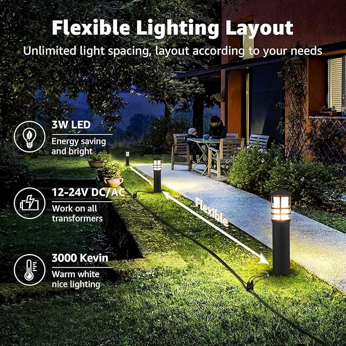 SUNVIE All-in-One LED Landscape Lighting Kit 8-Pack Low Voltage Pathway Lights with Transformer and 100FT 16/2 AWG Wire 3000K Waterproof Landscape Lights with Connectors for Walkway Garden Yard