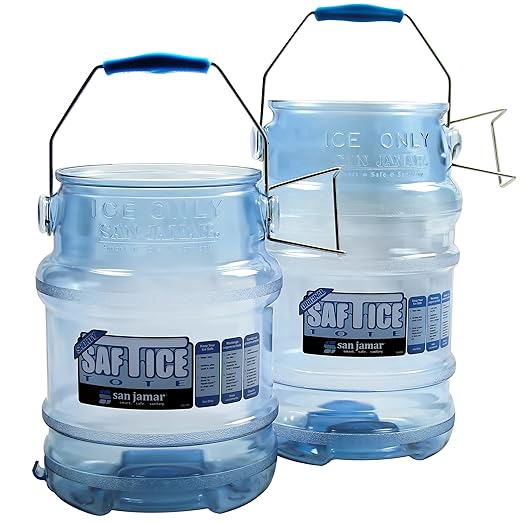 San Jamar Saf-T-Ice Ice Tote with Ice Machine Hanger for Kitchens Restaurants and Fast Food Plastic 5 Gallons Blue