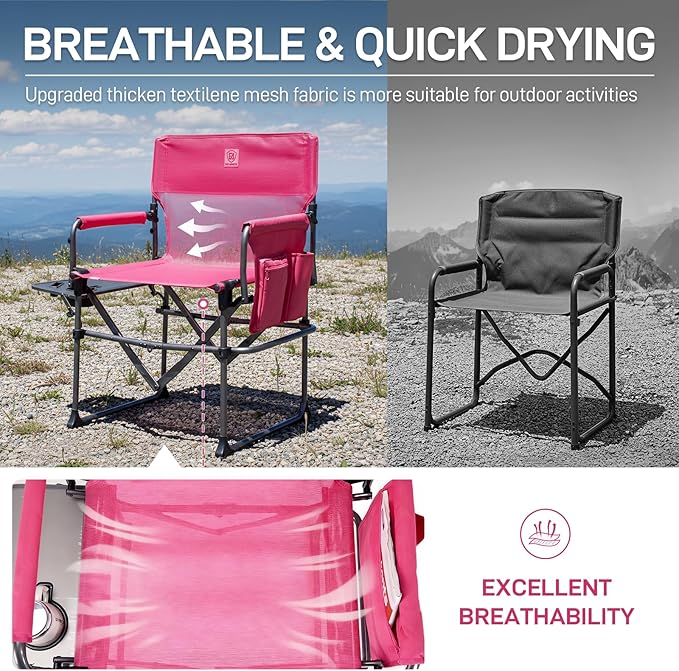EVER ADVANCED Camping Directors' Chair with Side Table Portable Folding with Compact Size Breathable &amp Quick Dry Design Heavy Duty Lawn Chair with Pocket 400lbs Textilene Mesh Pink