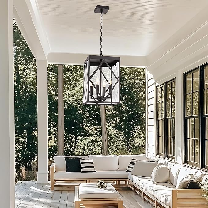 11 Outdoor Pendant Light Exterior Hanging Lantern Farmhouse Oil Rubbed Brozne Outside Chandelier Light Fixture Ceiling Mount Hanging Porch Light with Clear Glass for Front Porch Entrance